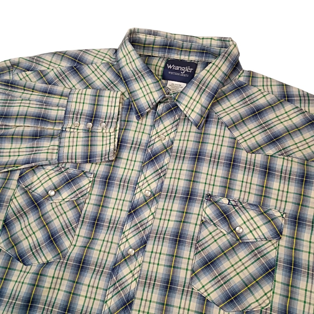 Wrangler Mens 3XL Big Western Shirt Blue Green Plaid Pearl Snap Long Sleeve